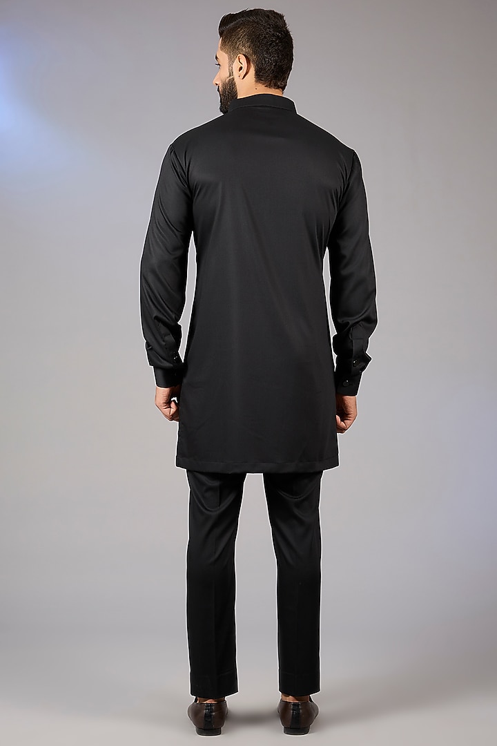Black Pashmina Silk Kashmiri Embroidered Groom Indowestern Set by Qbik Men at Pernia's Pop Up Shop