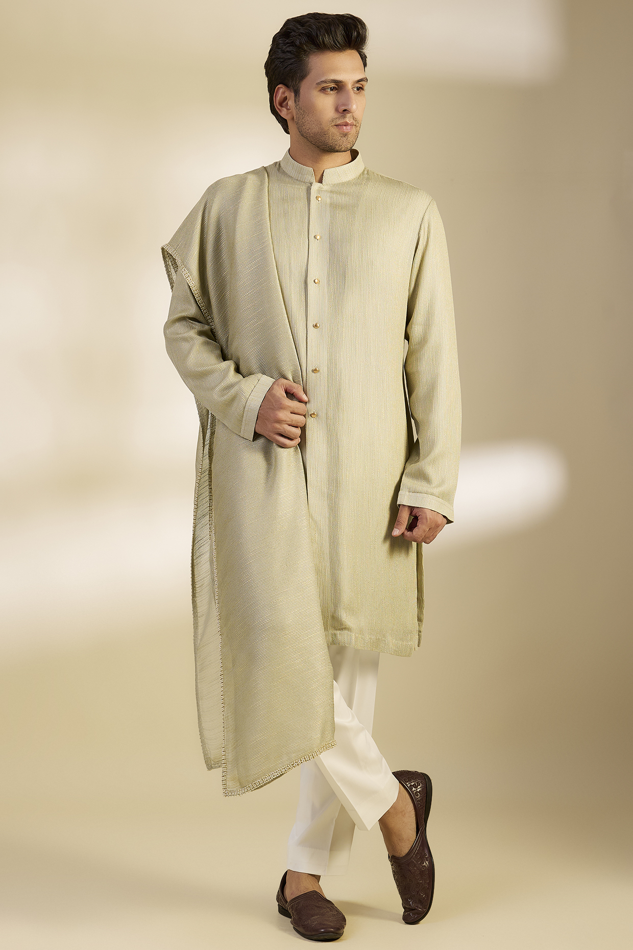 Pista Green Georgette Striped Kurta Set by Qbik Men