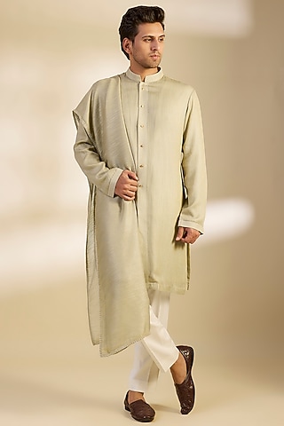 Pista Green Georgette Striped Kurta Set by Qbik Men