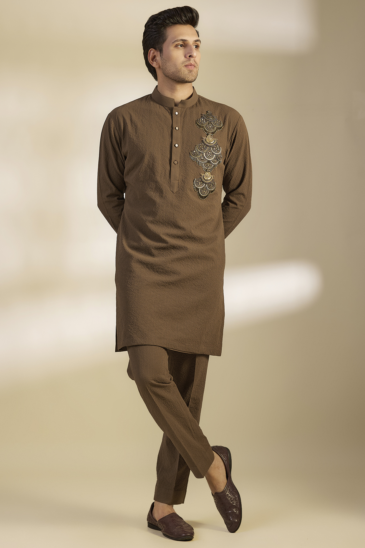 Dark Brown Seersucker Metal Hand Embroidered Kurta Set by Qbik Men