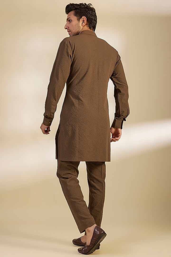 Dark Brown Seersucker Metal Hand Embroidered Kurta Set by Qbik Men at Pernia's Pop Up Shop