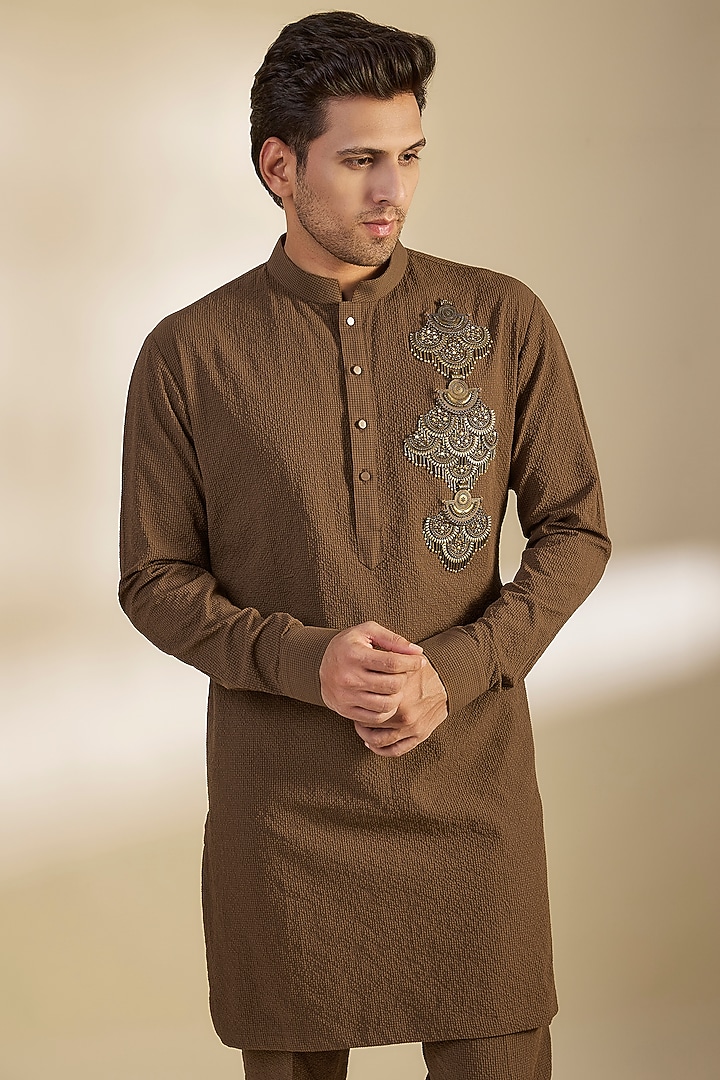 Dark Brown Seersucker Metal Hand Embroidered Kurta Set by Qbik Men at Pernia's Pop Up Shop
