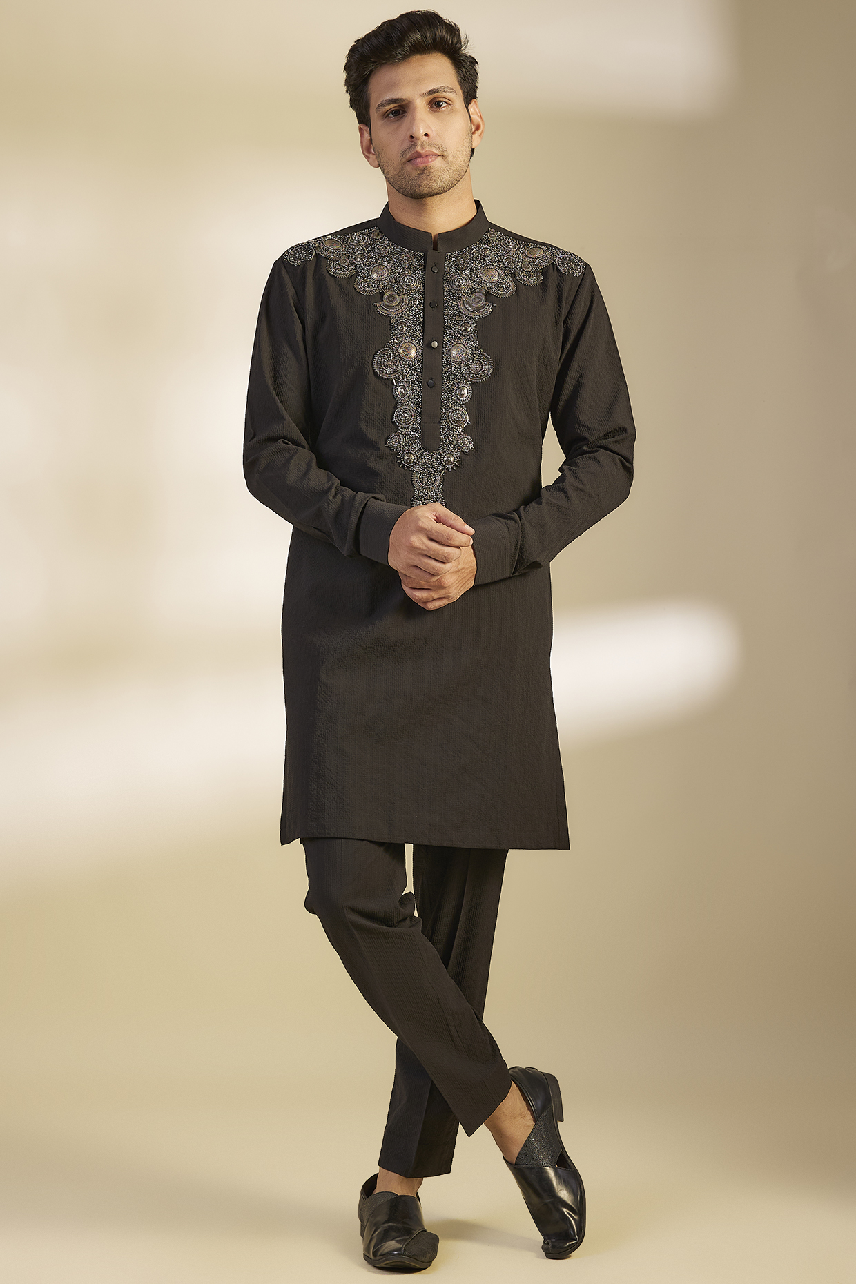 Black Seersucker Metal Hand Embroidered Kurta Set by Qbik Men