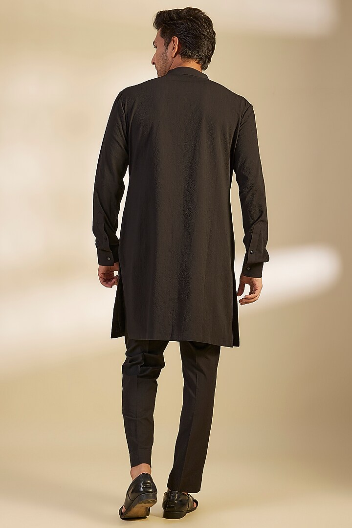 Black Seersucker Metal Hand Embroidered Kurta Set by Qbik Men at Pernia's Pop Up Shop