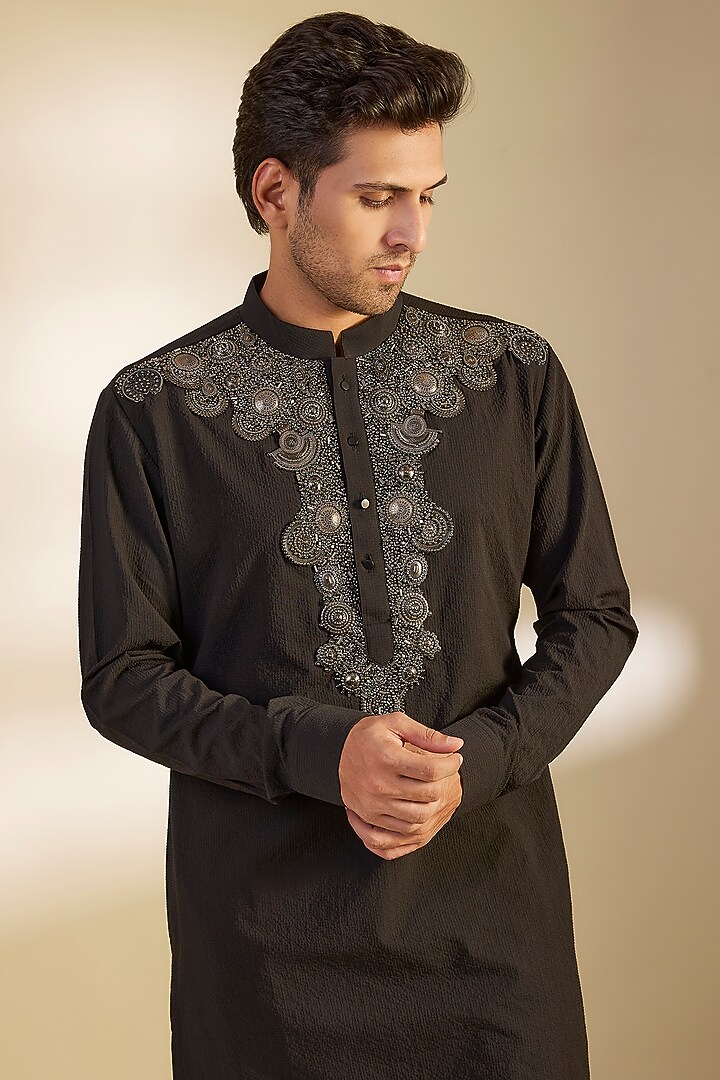 Black Seersucker Metal Hand Embroidered Kurta Set by Qbik Men at Pernia's Pop Up Shop