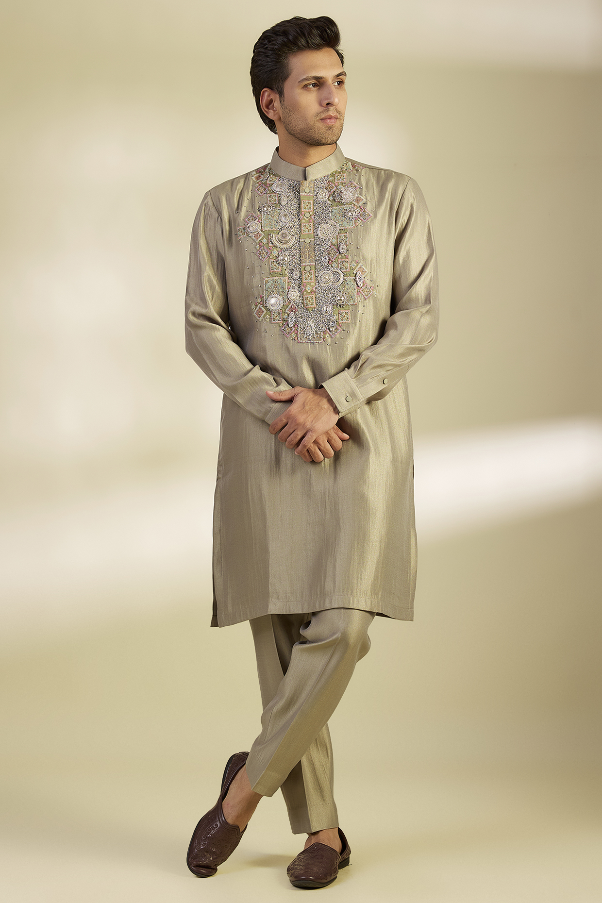 Sage Green Matka Cotton Patchwork Kurta Set by Qbik Men