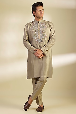 Sage Green Matka Cotton Patchwork Kurta Set by Qbik Men