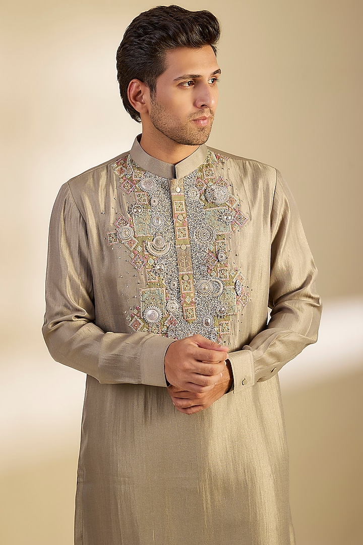 Sage Green Matka Cotton Patchwork Kurta Set by Qbik Men at Pernia's Pop Up Shop