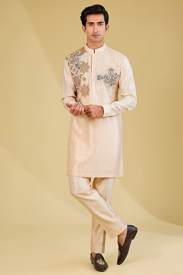 Blush Pink Matka Cotton Patchwork Kurta Set by Qbik Men