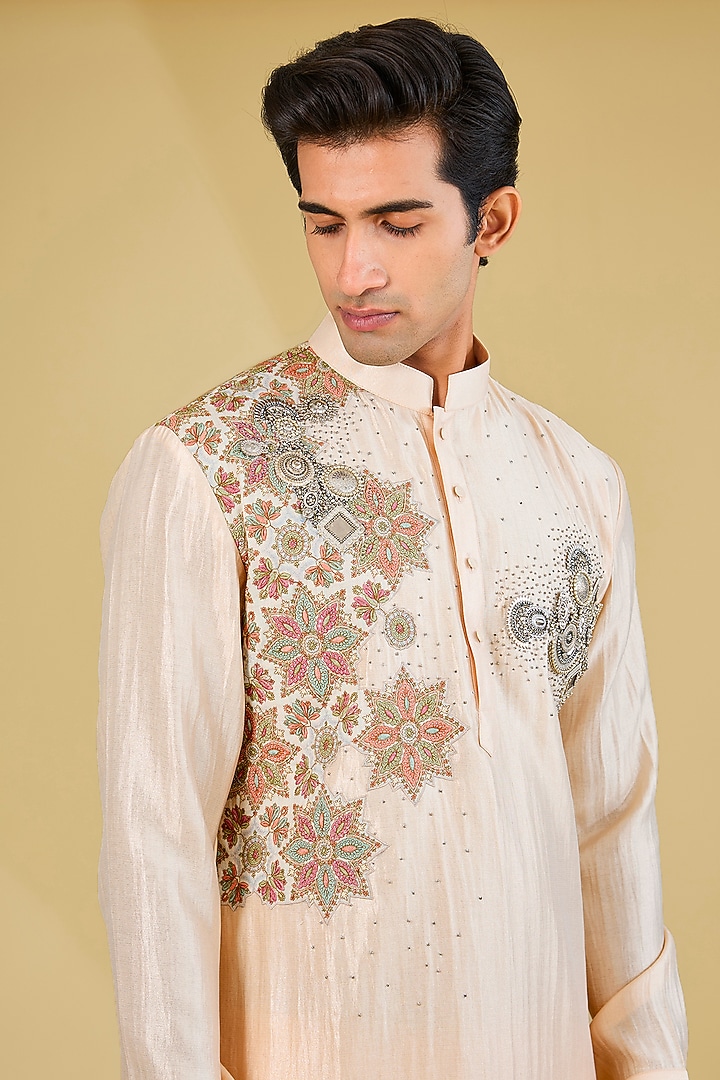 Blush Pink Matka Cotton Patchwork Kurta Set by Qbik Men at Pernia's Pop Up Shop