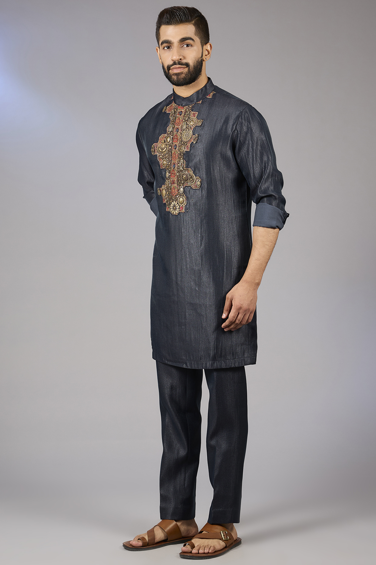 Navy Blue Matka Cotton Kashmiri Patchwork Kurta Set by Qbik Men