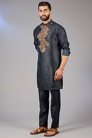 Navy Blue Matka Cotton Kashmiri Patchwork Kurta Set by Qbik Men