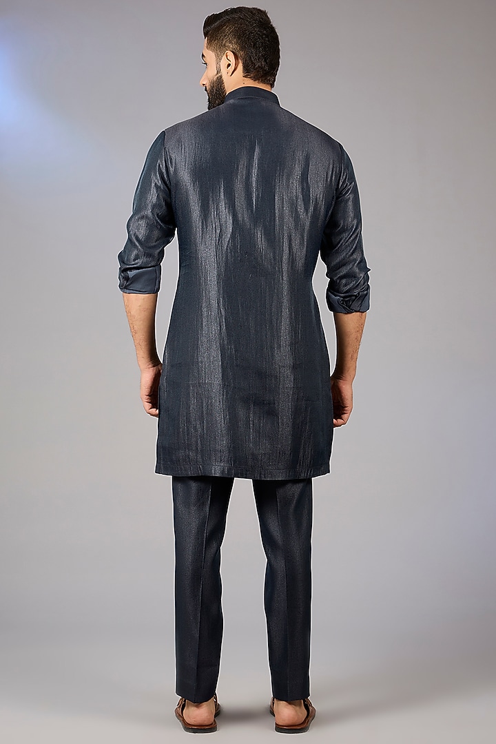 Navy Blue Matka Cotton Kashmiri Patchwork Kurta Set by Qbik Men at Pernia's Pop Up Shop