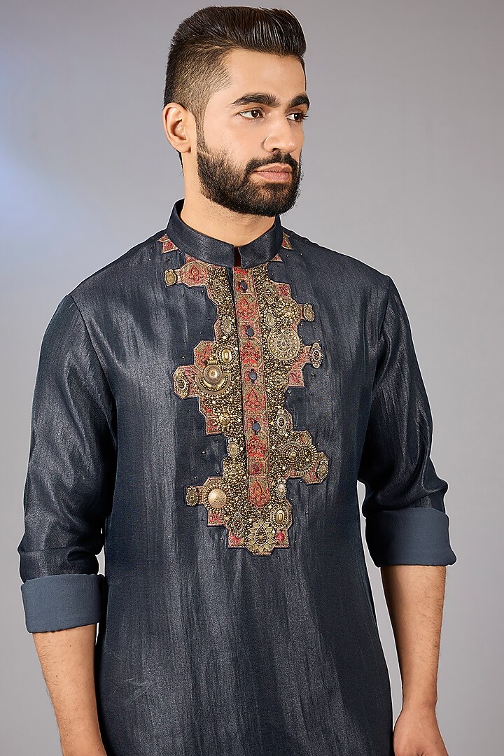Navy Blue Matka Cotton Kashmiri Patchwork Kurta Set by Qbik Men at Pernia's Pop Up Shop