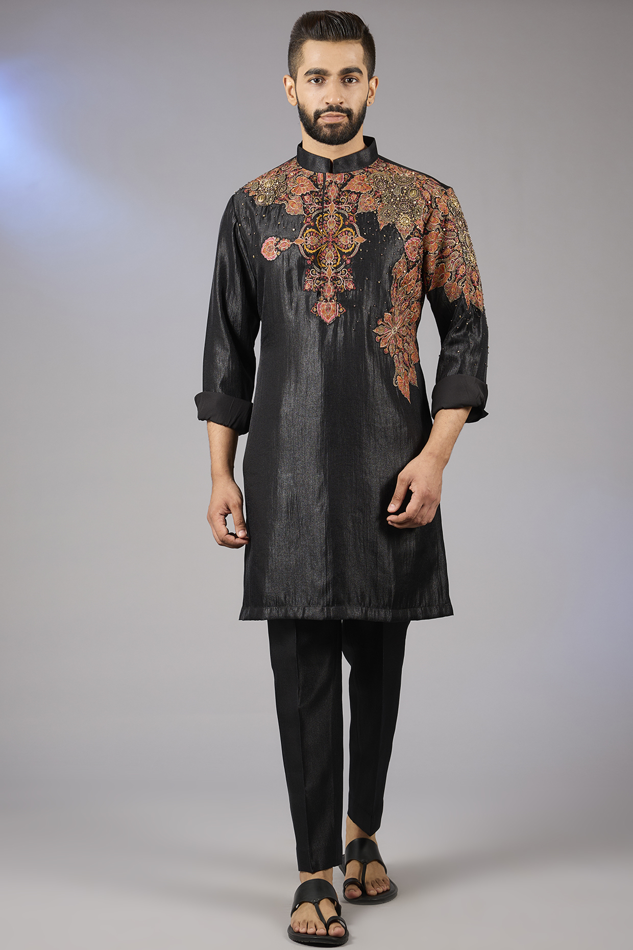 Black Matka Cotton Kashmiri Patchwork Kurta Set by Qbik Men