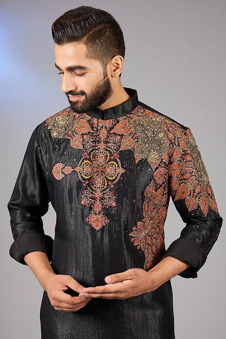 Black Matka Cotton Kashmiri Patchwork Kurta Set by Qbik Men at Pernia's Pop Up Shop