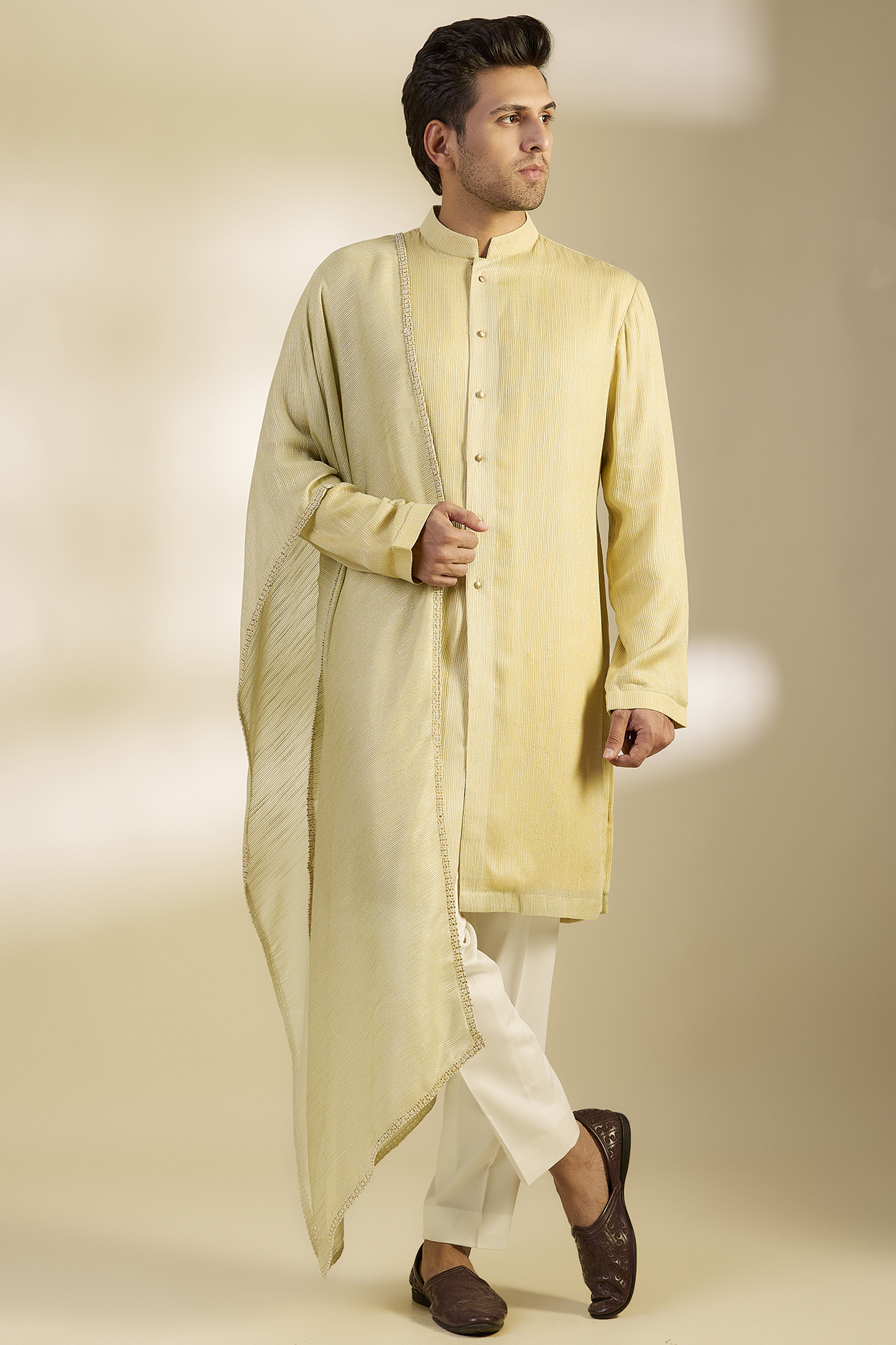 Lemon Yellow Georgette Striped Kurta Set by Qbik Men