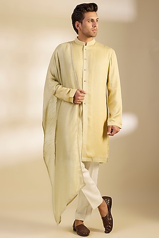 Lemon Yellow Georgette Striped Kurta Set by Qbik Men at Pernia's Pop Up ...
