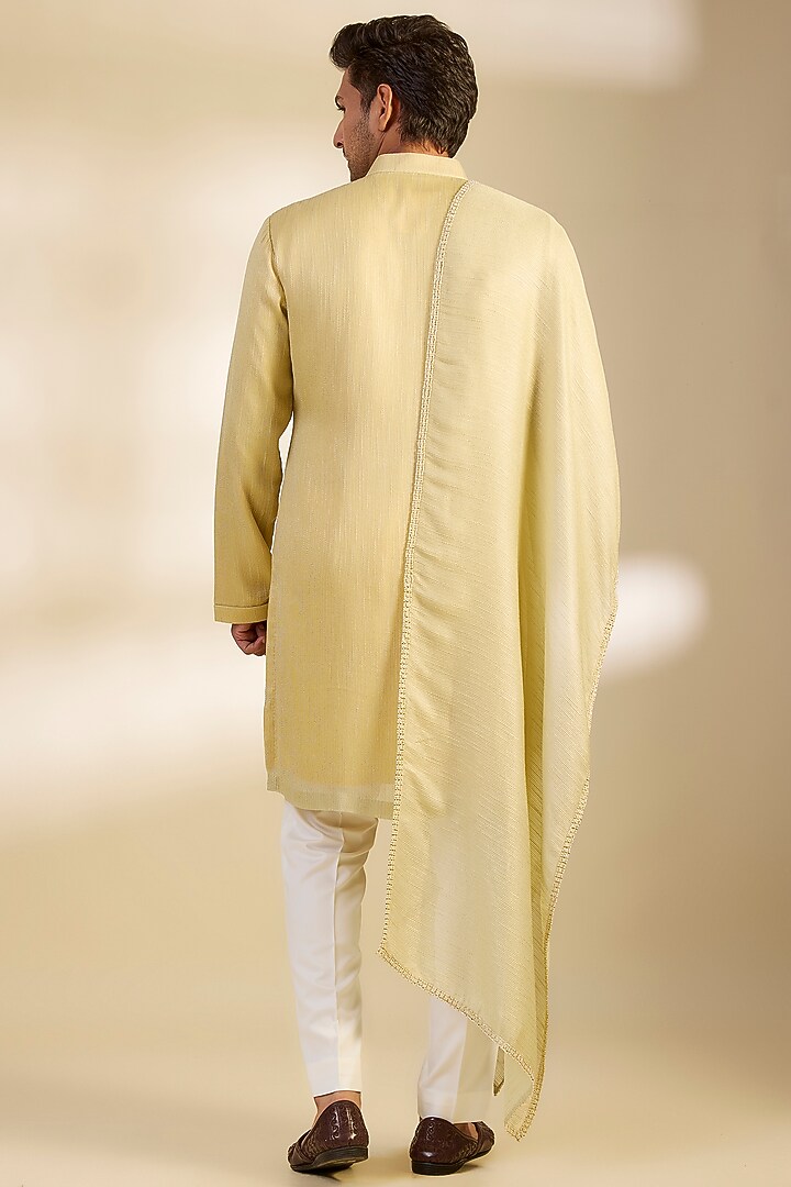 Lemon Yellow Georgette Striped Kurta Set by Qbik Men at Pernia's Pop Up Shop