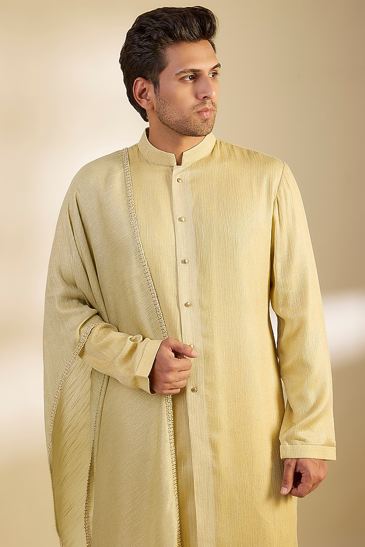 Lemon Yellow Georgette Striped Kurta Set by Qbik Men at Pernia's Pop Up Shop