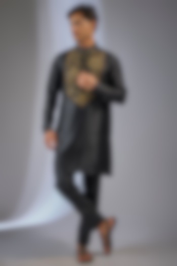 Black Linen Silk Chanderi Embroidered Kurta Set by Qbik Men