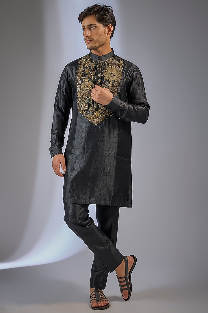 Black Linen Silk Chanderi Embroidered Kurta Set by Qbik Men