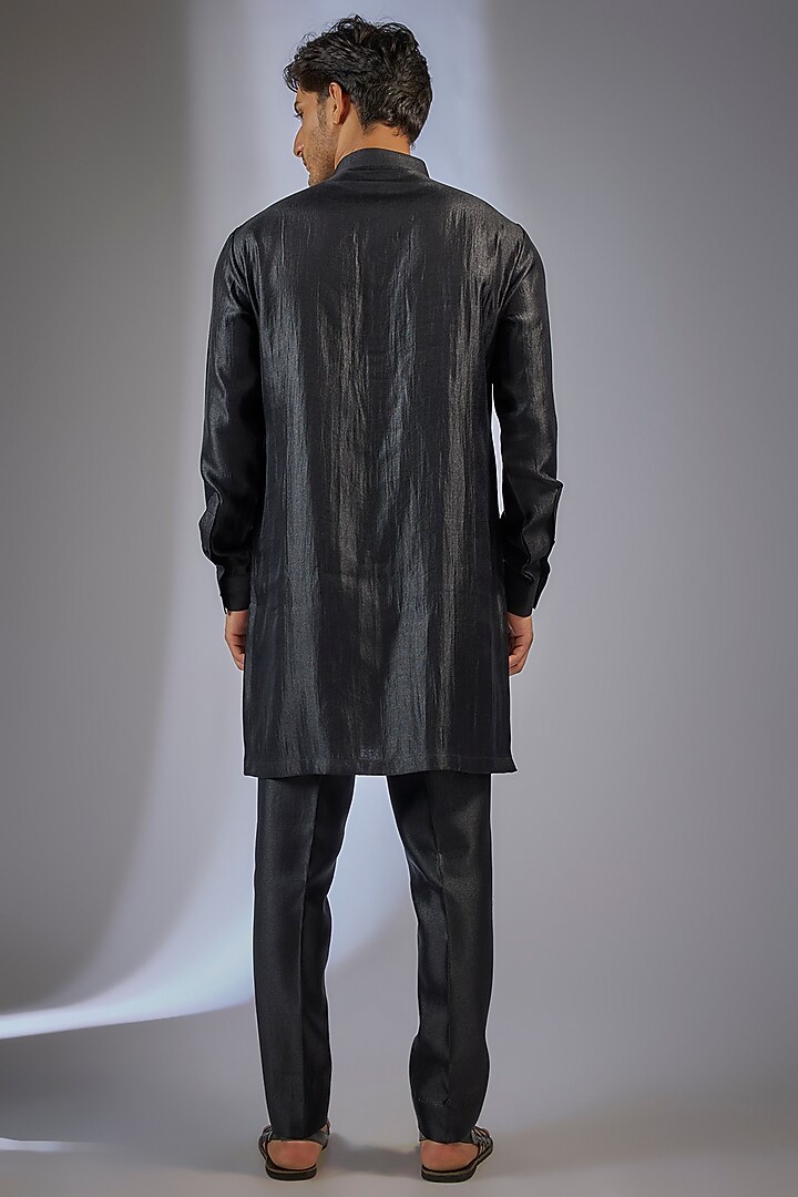 Black Linen Silk Chanderi Embroidered Kurta Set by Qbik Men at Pernia's Pop Up Shop