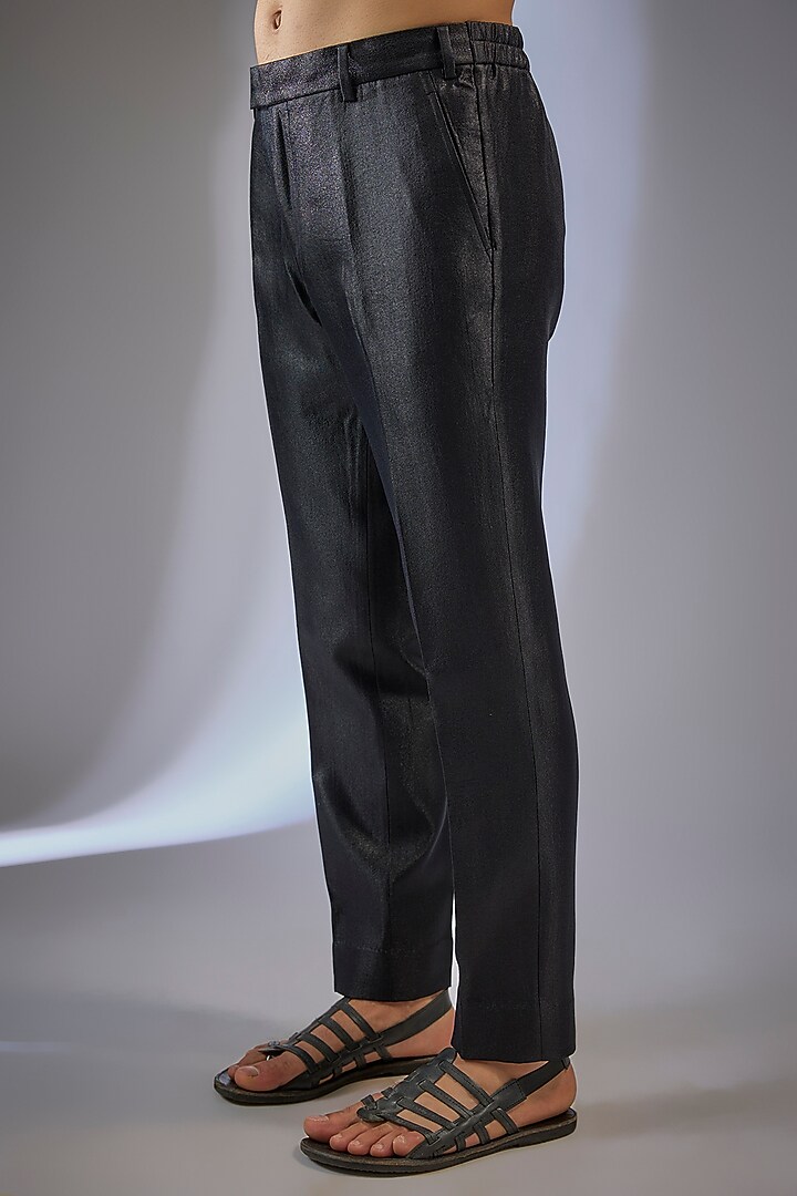 Black Linen Silk Chanderi Embroidered Kurta Set by Qbik Men at Pernia's Pop Up Shop
