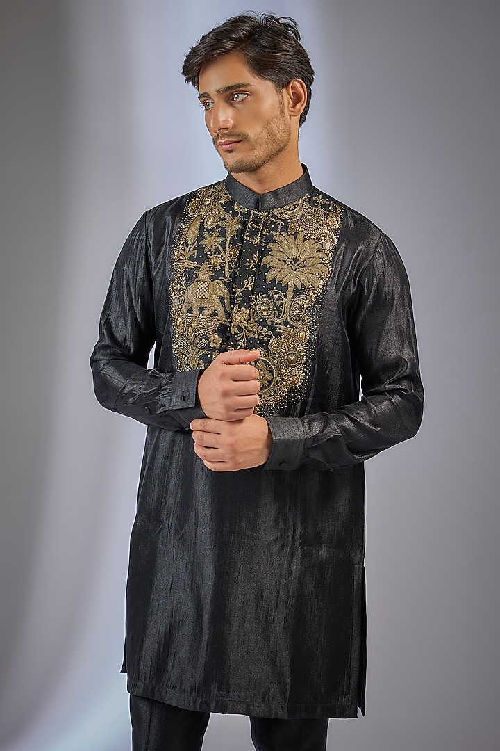 Black Linen Silk Chanderi Embroidered Kurta Set by Qbik Men at Pernia's Pop Up Shop