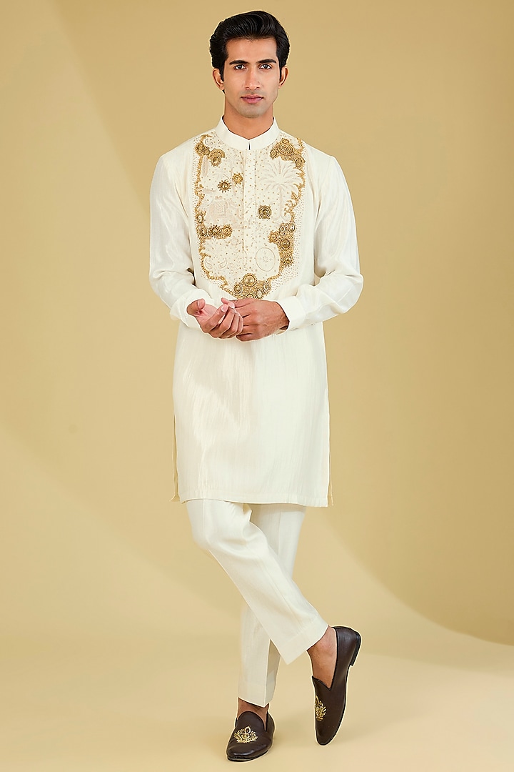 Ivory Matka Cotton Patchwork Kurta Set by Qbik Men