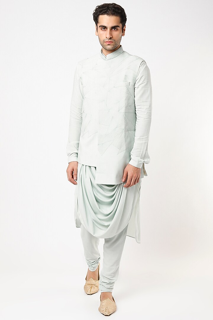 Powder Blue Modal Quilted Asymmetrical Bundi Jacket Set by Qbik Men at Pernia's Pop Up Shop