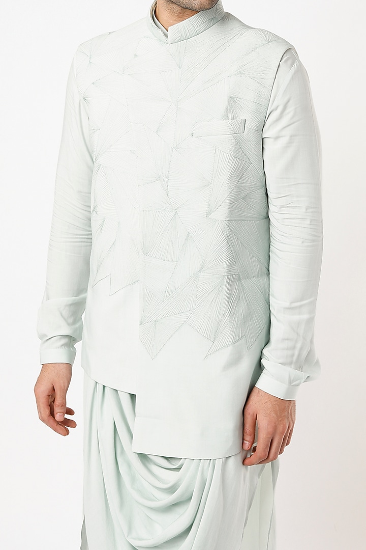 Powder Blue Modal Quilted Asymmetrical Bundi Jacket Set by Qbik Men at Pernia's Pop Up Shop