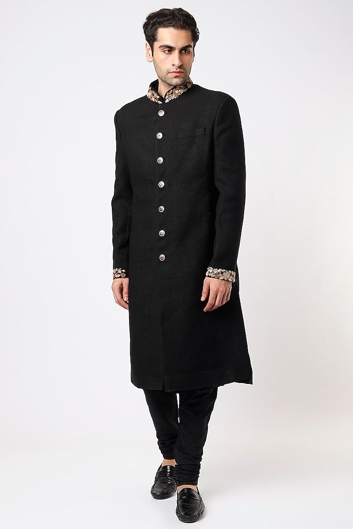 Black Embroidered Groom Sherwani Set by Qbik Men at Pernia's Pop Up Shop