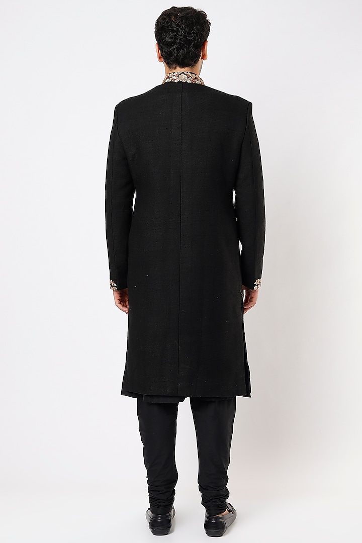 Black Embroidered Groom Sherwani Set by Qbik Men at Pernia's Pop Up Shop