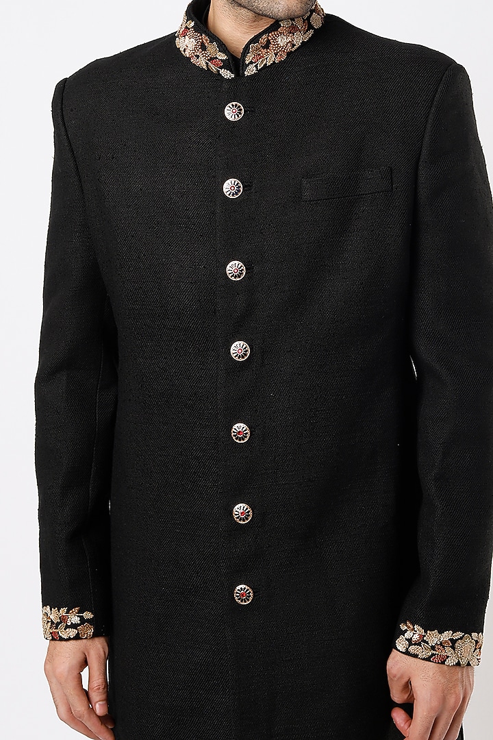 Black Embroidered Groom Sherwani Set by Qbik Men at Pernia's Pop Up Shop