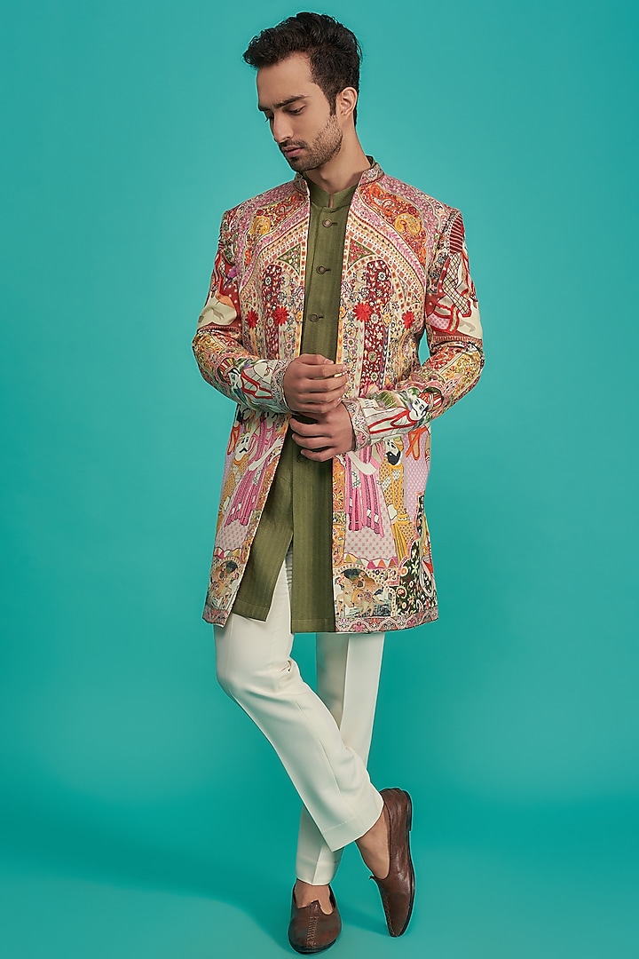 Multi-Colored Jacquard Embroidered Indowestern Set by Qbik Men