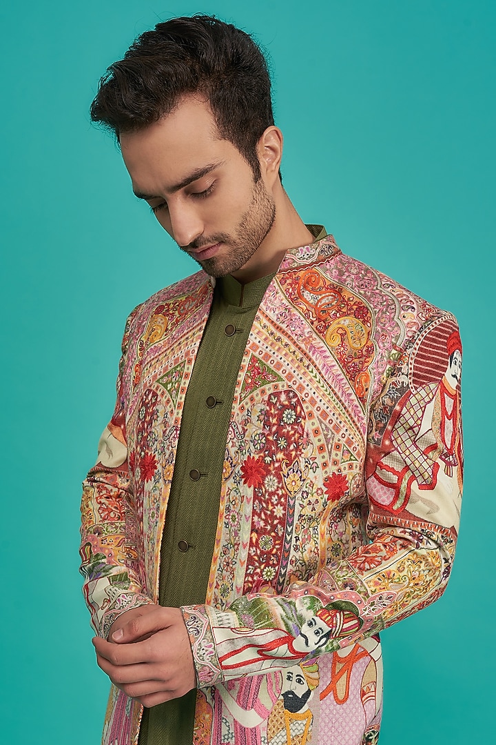 Buy Qbik Men Multi-Colored Jacquard Embroidered Indowestern Set at ...