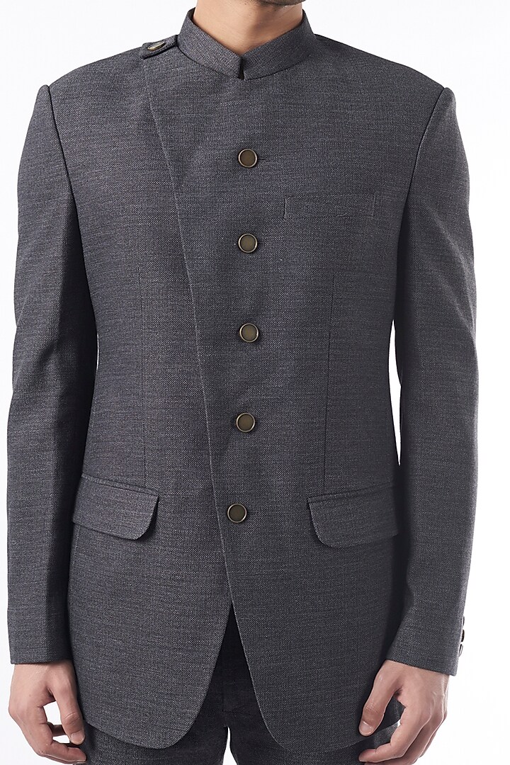 Grey Angrakha Wedding Bandhgala Jacket Set by Qbik Men at Pernia's Pop Up Shop