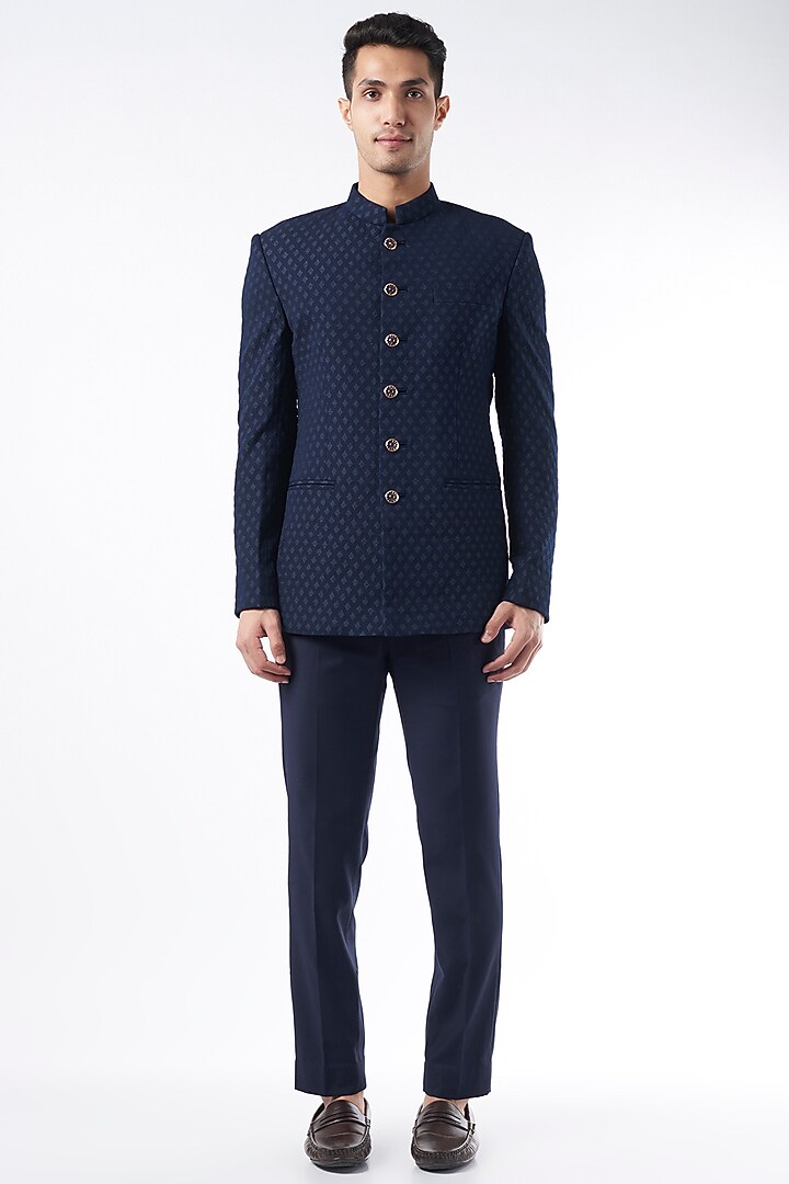 Dark Blue Wedding Bandhgala Jacket Set by Qbik Men at Pernia's Pop Up Shop