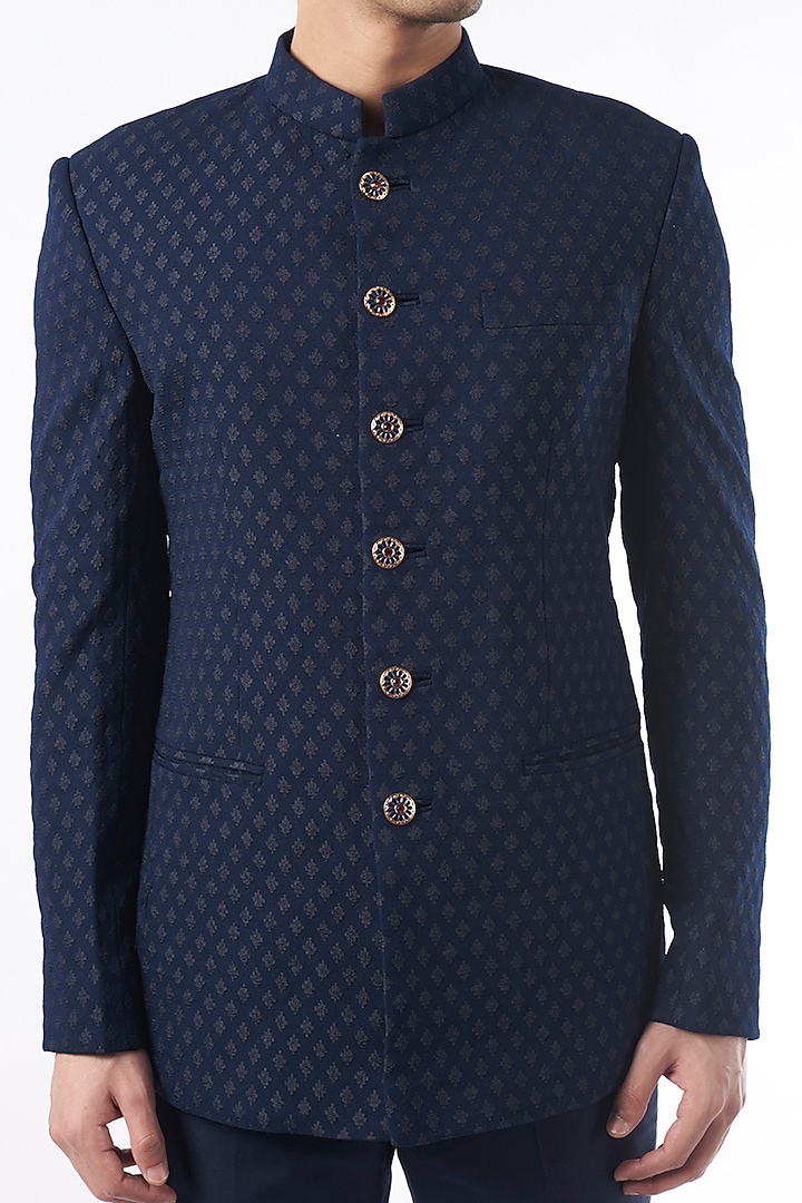 Dark Blue Wedding Bandhgala Jacket Set by Qbik Men at Pernia's Pop Up Shop