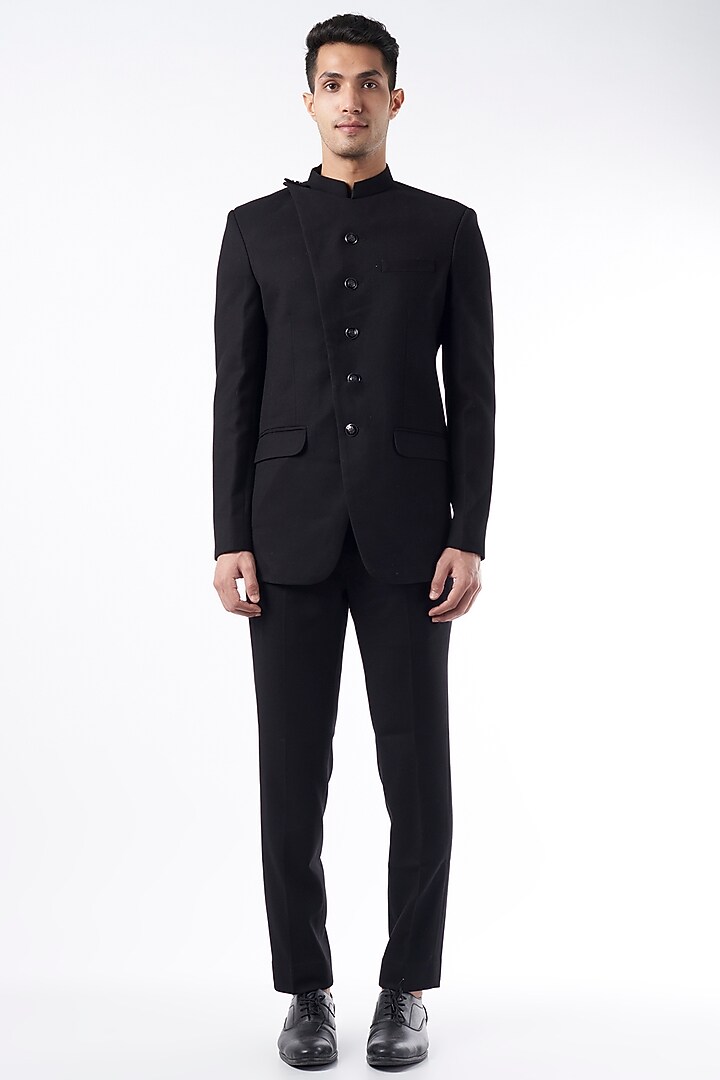 Black Viscose Wool Wedding Bandhgala Jacket Set by Qbik Men at Pernia's Pop Up Shop