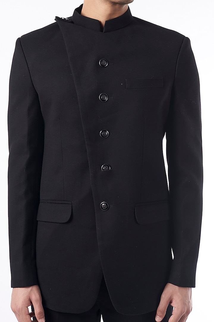 Black Viscose Wool Wedding Bandhgala Jacket Set by Qbik Men at Pernia's Pop Up Shop