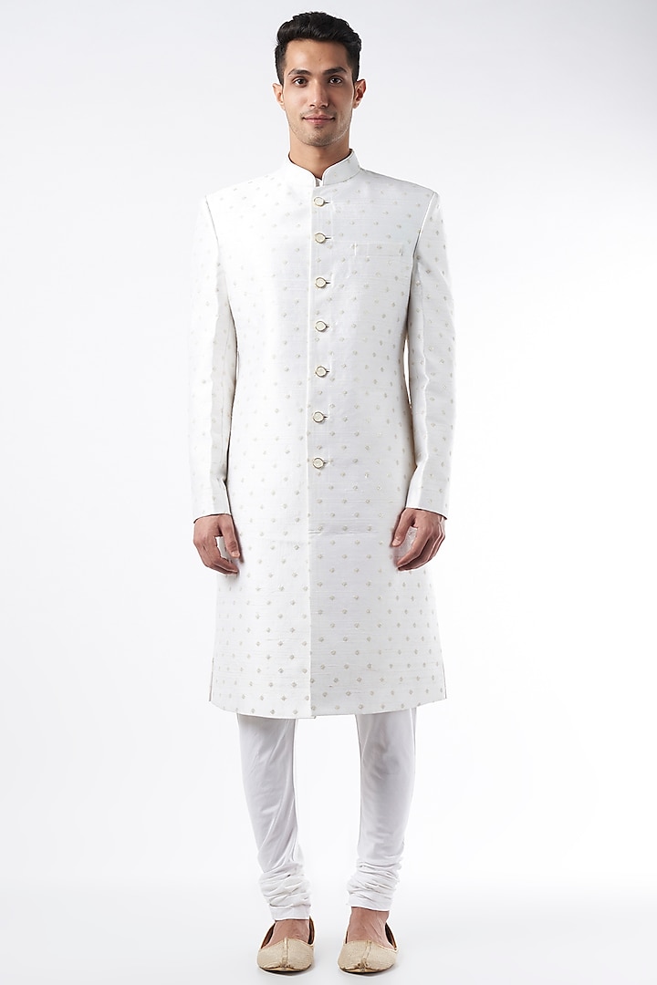 White Silk Sherwani Set by Qbik Men