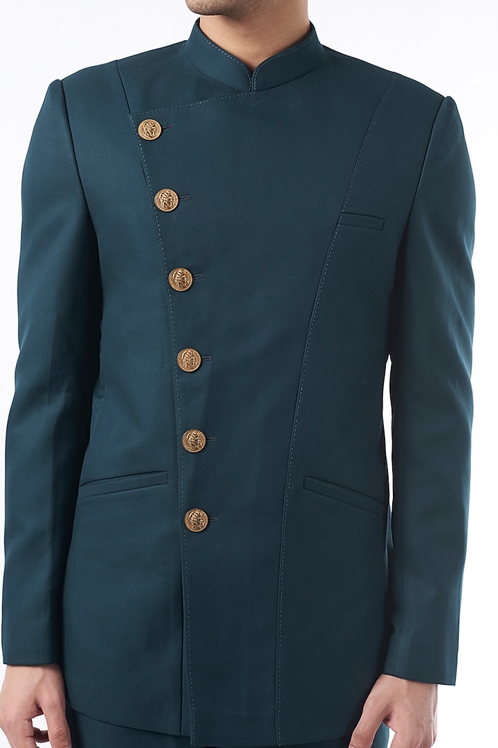 Teal Angrakha Wedding Bandhgala Jacket Set by Qbik Men at Pernia's Pop Up Shop