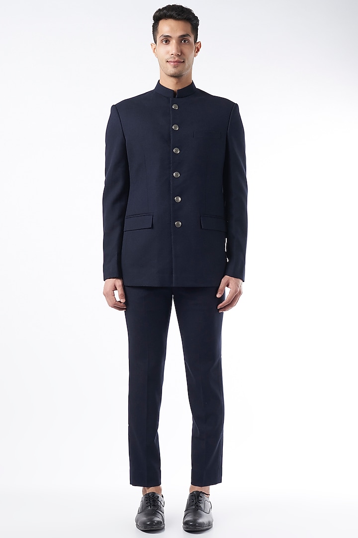 Dark Blue Viscose Wool Wedding Bandhgala Jacket Set by Qbik Men at Pernia's Pop Up Shop