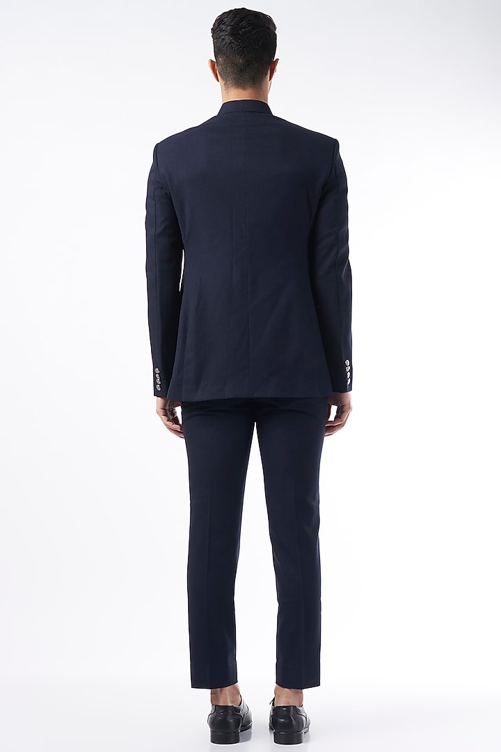 Dark Blue Viscose Wool Wedding Bandhgala Jacket Set by Qbik Men at Pernia's Pop Up Shop