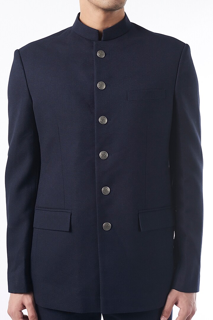 Dark Blue Viscose Wool Wedding Bandhgala Jacket Set by Qbik Men at Pernia's Pop Up Shop