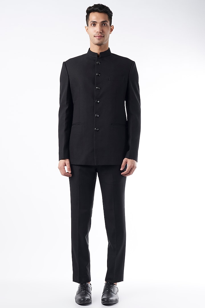 Black Viscose Wool Wedding Bandhgala Jacket Set by Qbik Men at Pernia's Pop Up Shop