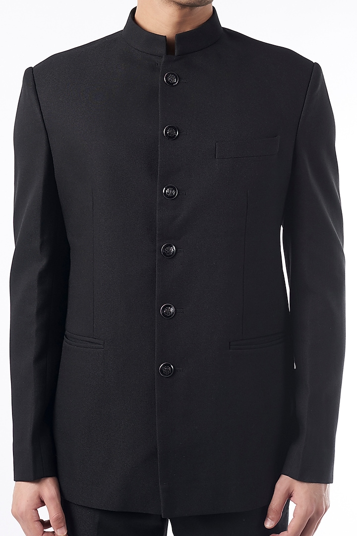 Black Viscose Wool Wedding Bandhgala Jacket Set by Qbik Men at Pernia's Pop Up Shop
