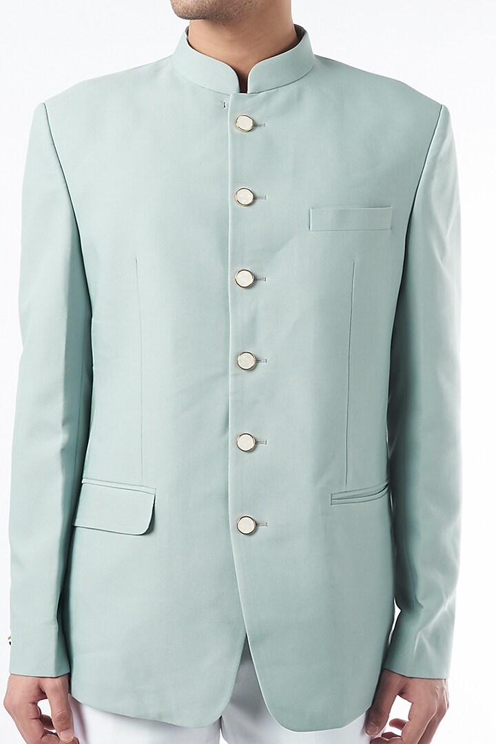Mint Viscose Wool Wedding Bandhgala Jacket Set by Qbik Men at Pernia's Pop Up Shop